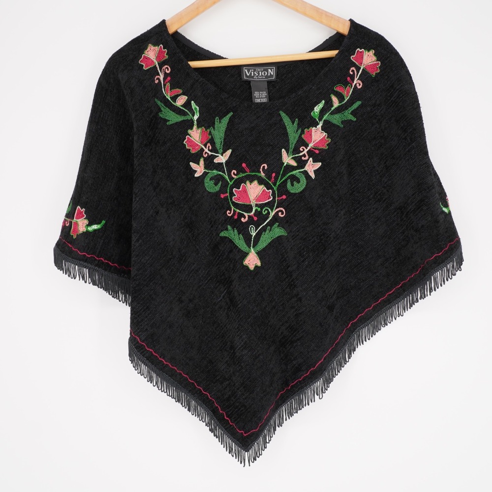 Vintage Y2K Embroidered Short Poncho Capelet Womens OS Black Floral Whimsigoth